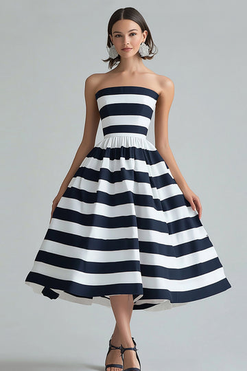 Navy White Stripe Strapless A Line Midi Formal Dress